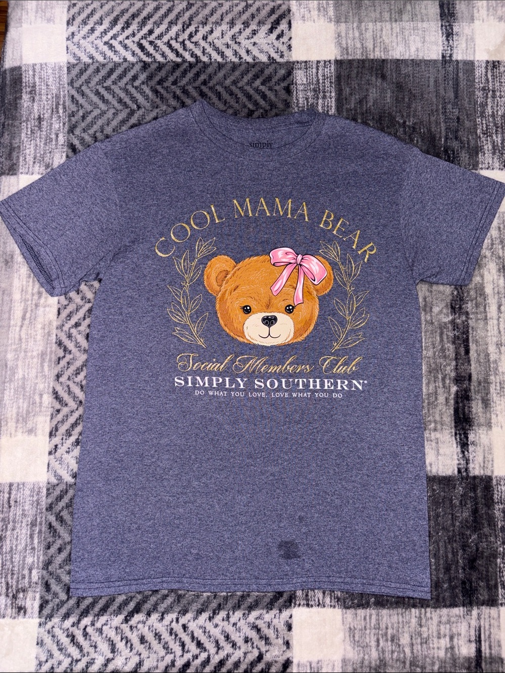 Simply Southern Heather Blue Cool Mama Bear Tee with Pink Bow Graphic